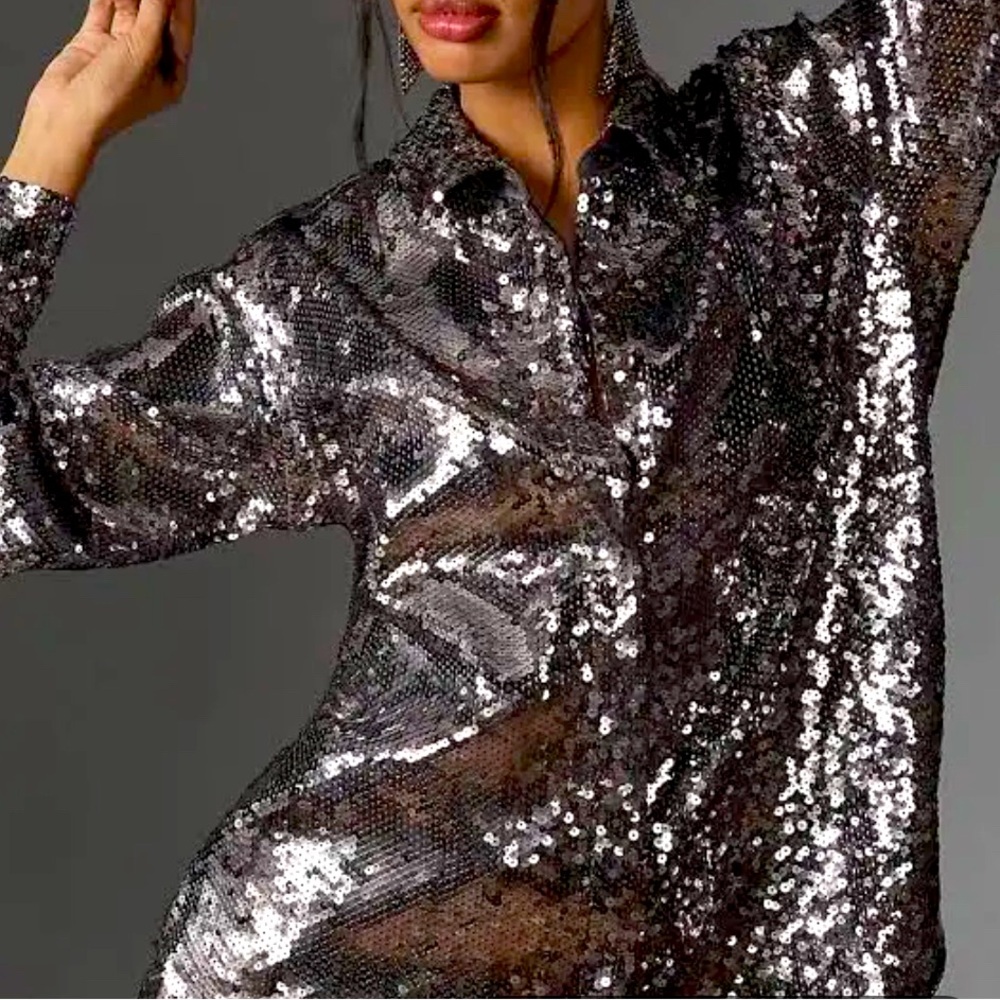 Good American Sequin Party shirt in a gorgeous dusty chrome